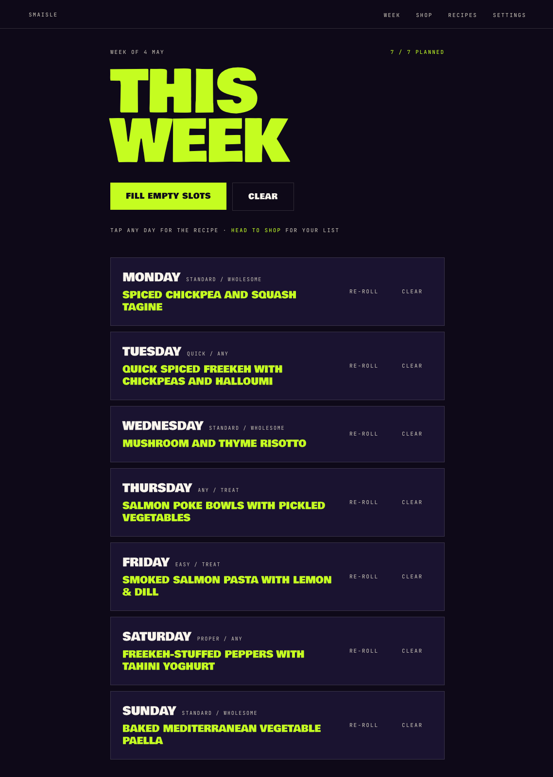 The Smaisle weekly planner showing seven dinners with dietary tags such as Standard / Wholesome and Quick / Any